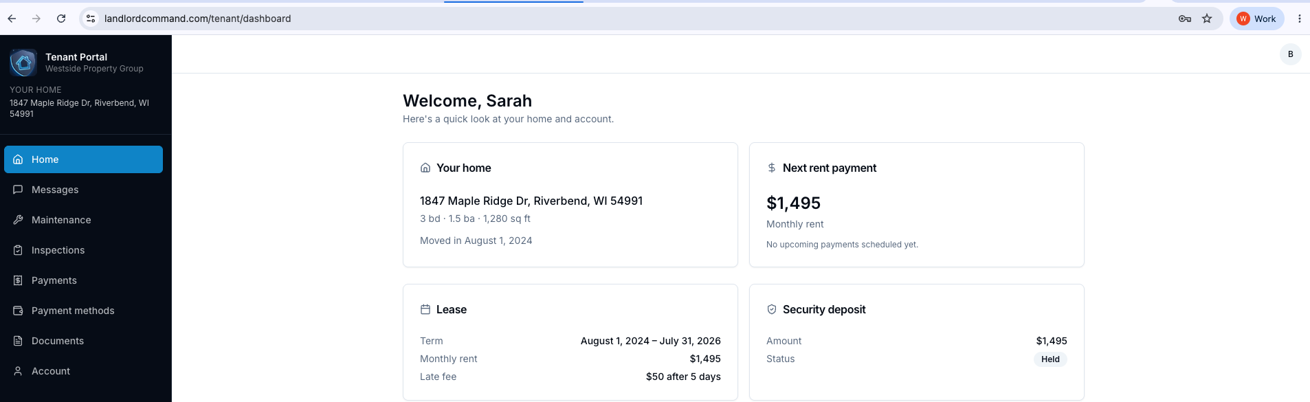Landlord Command tenant portal — home, rent, maintenance, and documents in one place